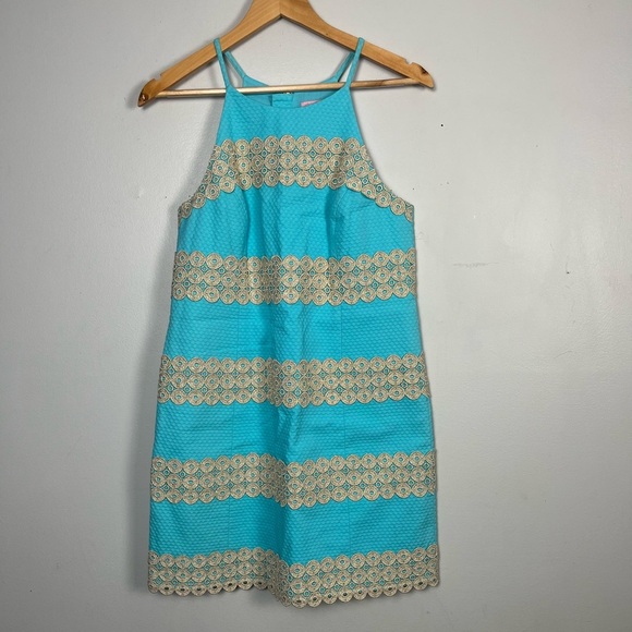 New Lilly Pulitzer Annabelle SHIFT DRESS Shorely Blue Gold Lace Stripe size 4 - Picture 2 of 6